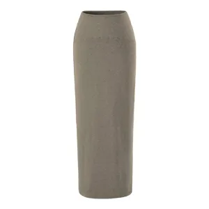 Grey high-waisted maxi skirt detail view, showing solid color slim fit straight design.