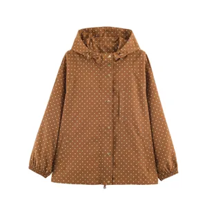 Women's Casual Polka Dot Hooded Trench Coat Long Sleeve Zip Up Loose Outerwear Fashion Commuter Windbreaker Jacket