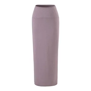 Detail view of a solid mauve high-waisted slim long pencil skirt, elegant minimalist wear.
