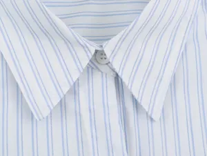 Classic blue and white striped women shirt collar detail with elegant button front closure.