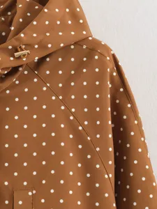 Brown polka dot hooded windbreaker jacket casual outerwear stylish long sleeve womens apparel