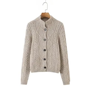 Beige gebreid vest voor dames met reverskraag, stijlvolle casual trui met knopensluiting.