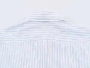 Close up view of the striped shirt back collar, featuring clean stitching and soft fabric.