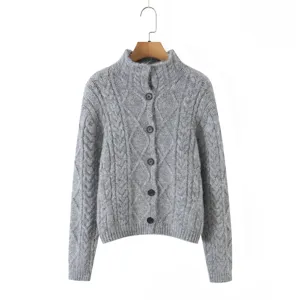 Grijs kabelgebreid vest voor dames, elegante knoopsluiting lange mouw gebreide trui detail