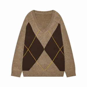 Maglione Lavorato a Maglia a Manica Lunga con Motivo Argyle Vintage da Donna Pullover Casual Top in Poliestere