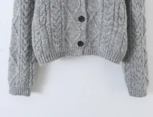 Detailweergave van grijs gebreid vest voor dames met klassiek kabelpatroon en zwarte knopen.