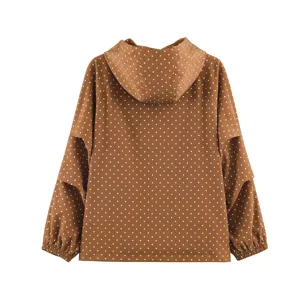 Women polka dot hooded windbreaker jacket casual brown outerwear with stylish sleeve cutouts.
