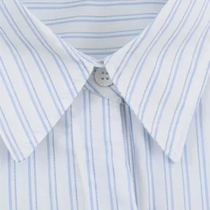 Women fashion blue white striped lapel single-breasted shirt top elegant apparel new style