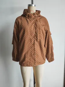 Brown polka dot hooded windbreaker jacket for women, stylish commuter casual outerwear.