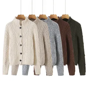 Dames kabeltrui vest met knopen, stijlvol gebreid jasje met opstaande kraag voor de winter.