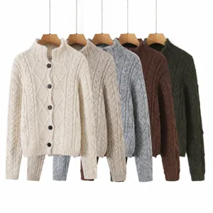 Dames Casual Revers Kabeltricot Cardigan Trui Jas Effen Kleur Enkelrijig Lange Mouw Top
