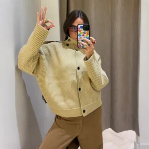 Women's Casual Stand Collar Long Sleeve Ribbed Knit Cardigan Solid Color Single-Breasted Button Up Fashion Sweater Outerwear