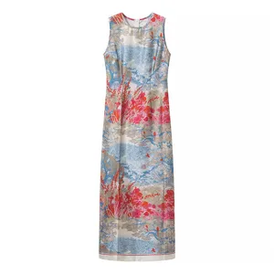 Detailed view of an elegant sleeveless long dress featuring a vintage landscape floral print.