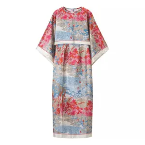 Elegant printed two-piece cape dress floral scenic kimono style women fashion outfit