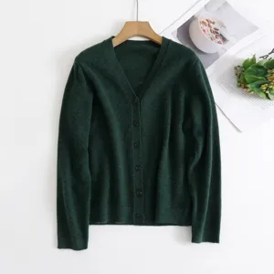 Women's V-neck long sleeve knit cardigan sweater in dark green with front button closure.