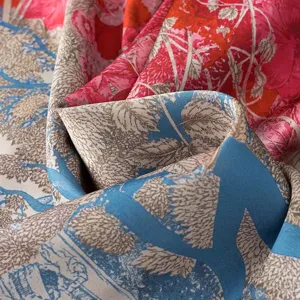 Exquisite printed silk scarf detail showcasing vibrant floral and classical motifs, soft drape.