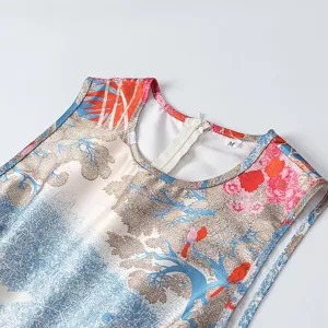 Women's chic printed sleeveless top detail, elegant round neck with back zipper design.