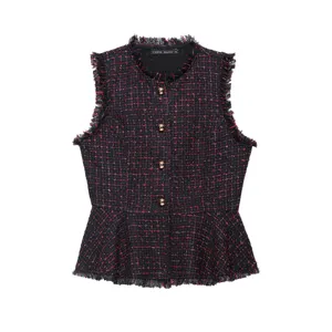 Giacca gilet elegante senza maniche in tweed da donna con frange, bottoni dorati e baschina.