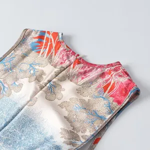 Elegant women's printed sleeveless top back detail with zipper, stylish commuting fashion apparel.