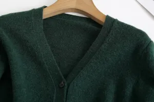 Close-up detail of dark green V-neck knitted cardigan collar and button feature.