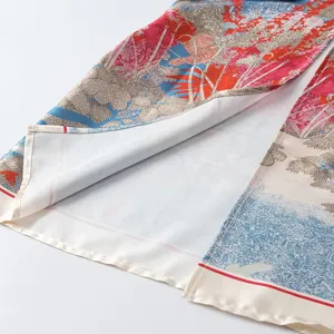 Luxury style printed silk scarf fabric detail showing elegant floral and geometric patterns.