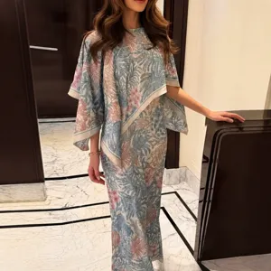 Women Fashion Floral Printed Shawl Two Piece Set Dress Casual Elegant Commuting Long Skirt Polyester Outfit