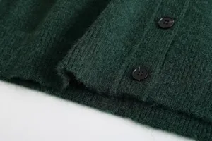 Dark green knit cardigan detail showing fine fabric texture and black buttons close-up view