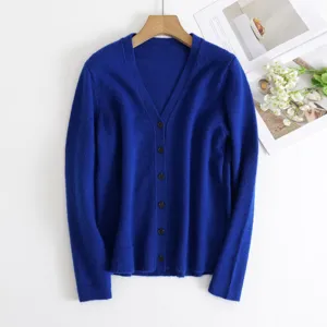 Women royal blue v-neck long sleeve button cardigan knit sweater casual daily wear tops
