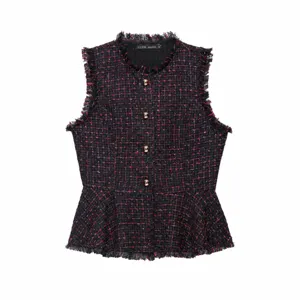 Gilet in Tweed Casual da Donna Senza Maniche Filo Metallico Bordo Frangiato Crop Top Bottone Dorato Davanti Aperto Elegante Capospalla