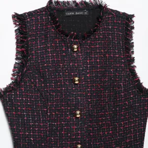 Moda Donna Senza Maniche Tweed Gilet Con Filo Metallico Frange Bottoni Oro Top