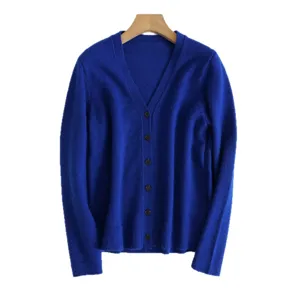 Classic women royal blue V-neck knit cardigan sweater long sleeve button up top