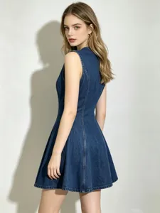 Vue détaillée de la robe courte en jean bleu sans manches avec coupe cintrée et ajustée.