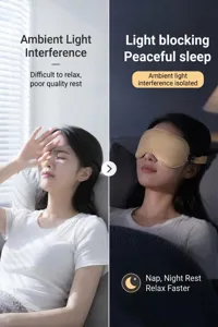 Mulberry silk sleep mask detail showing light blocking effect and comfortable wearing experience for rest.