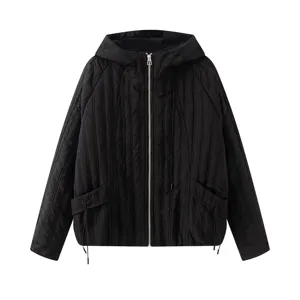 Black hooded quilted jacket with front zipper, casual loose fit and stylish vertical lines.