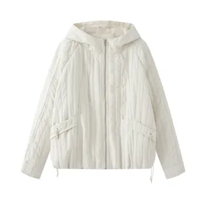 Detailed view of the off-white quilted hooded jacket with vertical stripes and zipper.