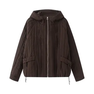 Brown hooded quilted zip jacket, casual loose outerwear detail view for women.