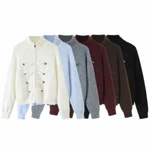 Γυναικείο Casual Cardigan Πουλόβερ Μακρυμάνικο Όρθιος Γιακάς Μονόχρωμο Διπλό Φερ。 Κινέζικος Κόμπος Πλεκτό Εξωτερικό