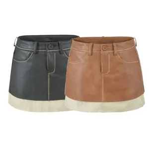 Wasteland style PU leather color-block miniskirt, vintage A-line short skirt for women summer.