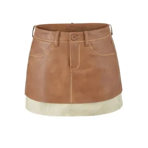Retro PU leather color-block mini skirt for women, cool wasteland style A-line short skirt.