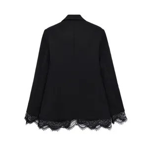 Dames Casual Lange Mouw Revers Blazer Effen Kleur Kant Patchwork Regular Fit Middellange Kantoor Jas