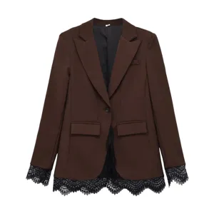 Dames bruine blazer jas met zwarte kantrand elegante lange mouw kantoorkleding