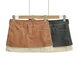 Retro PU leather contrast color A-line mini skirt, stylish wasteland style summer women skirt.