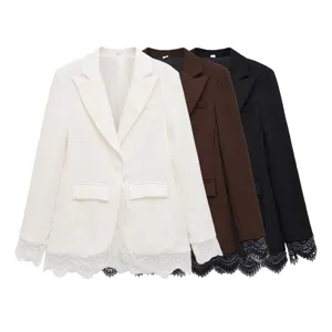 Dames elegante casual blazer jas met delicate kanten zoom afwerking lange mouw kantoor