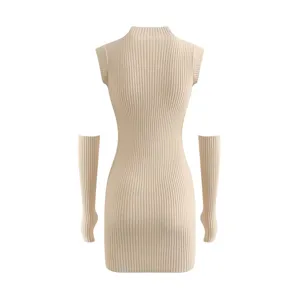Robe courte sans manches en maille côtelée beige assortie de manchons sexy et stylés.