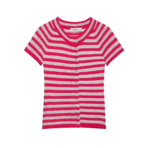 Women short sleeve striped knit cardigan summer casual pink grey button top outerwear fashion chic