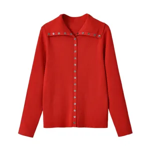 Cárdigan de Algodón de Punto Casual para Mujer Solapa Manga Larga Decoración de Botones Ajuste Ceñido Top Streetwear Suéter Suave