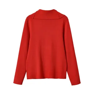 Cárdigan de punto rojo de manga larga con solapa, estilo elegante, textura muy suave.