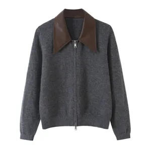 Stylish women contrast leather collar knitted cardigan zip up long sleeve gray jacket coat