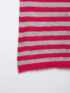 Pink grey striped knit cardigan detail, soft wool texture with chic buttons close up view.
