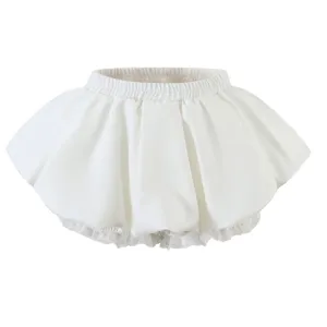 White high waist bubble skirt with elastic waistband and cute lace hem sweet mini style.